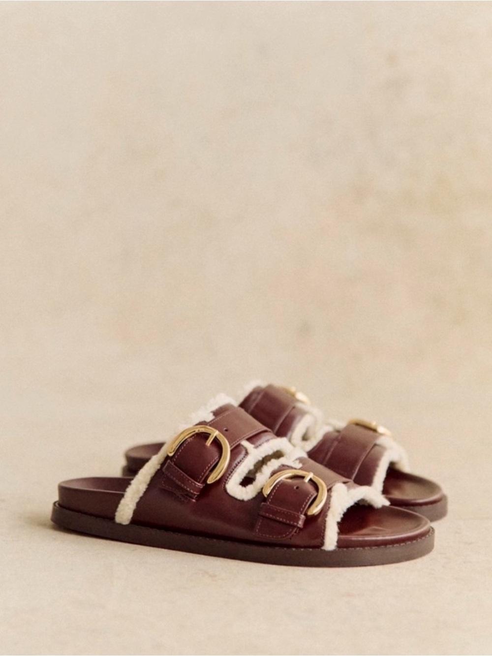 Sezane Women’s Brown Shearling-Trim Slide Sandals size 7 / 38 - Picture 2 of 3